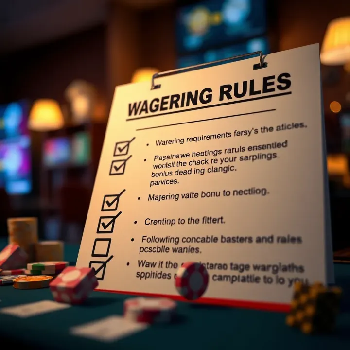 Illustration of a checklist highlighting wagering requirements and bonus conditions