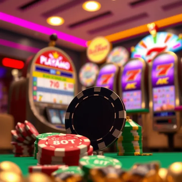 Bright casino chips and slot machine symbols illustrating various types of bonuses