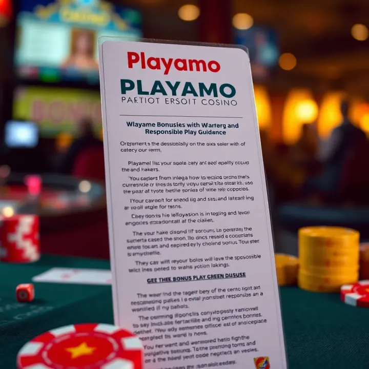 Playamo Bonus Details with Wagering Requirements and Responsible Play Guidance Illustration of a casino bonus voucher with wagering terms and responsible play icons