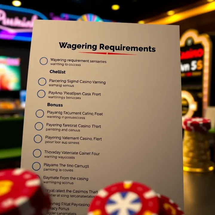 Wagering Requirements and Tips for PlayAmo Bonus Graphic showing a checklist with wagering requirements and tips for maximizing casino bonuses