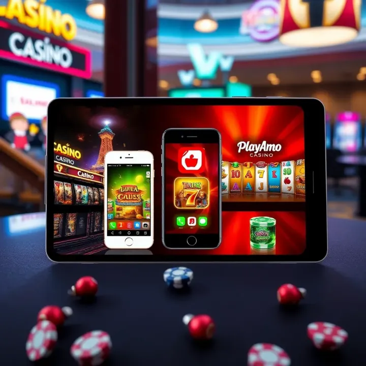 Illustration of various mobile devices including smartphones and tablets indicating compatibility with PlayAmo Casino app