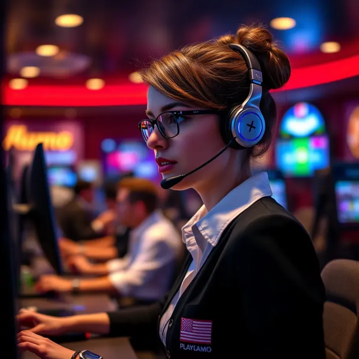 Customer support agent assisting with online casino queries via headset