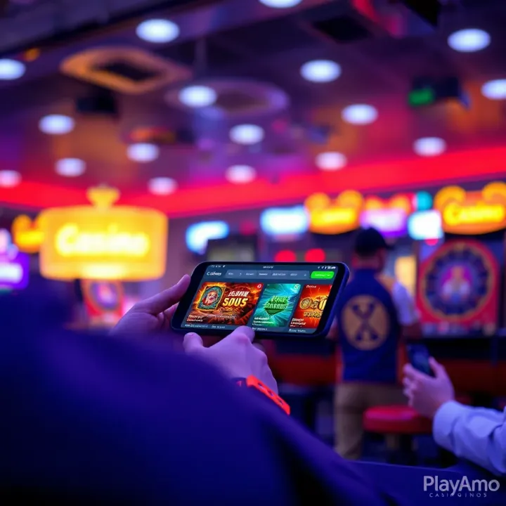 Mobile Experience and Bonuses at PlayAmo Casino Australia Mobile device displaying a casino app interface with bonus offers and payment options