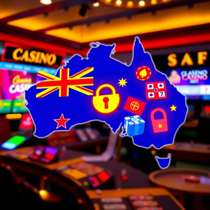 Safe Use of No Deposit Bonuses for Australian Players Graphic showing Australian map with casino symbols and security icons representing safe gaming and bonus utilization