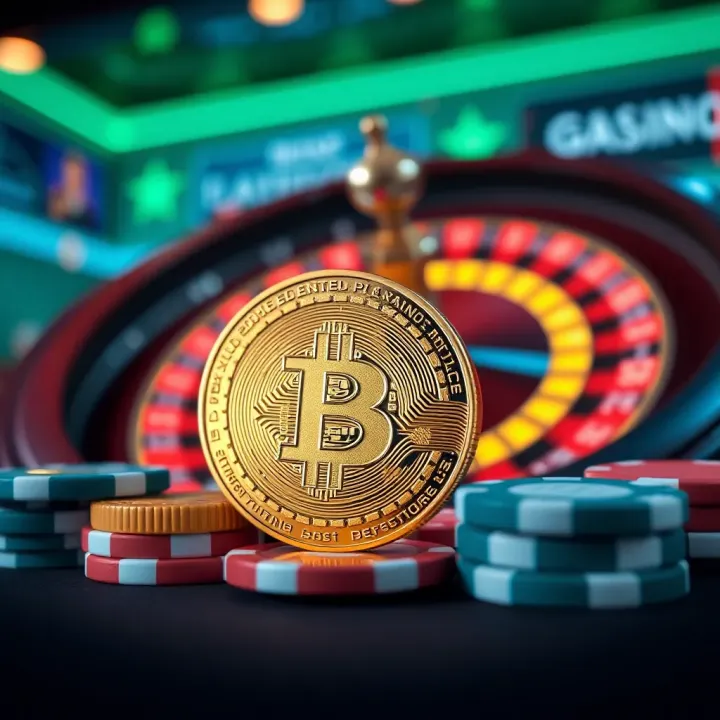Digital representation of Bitcoin coins with casino chips and a glowing roulette wheel in the background