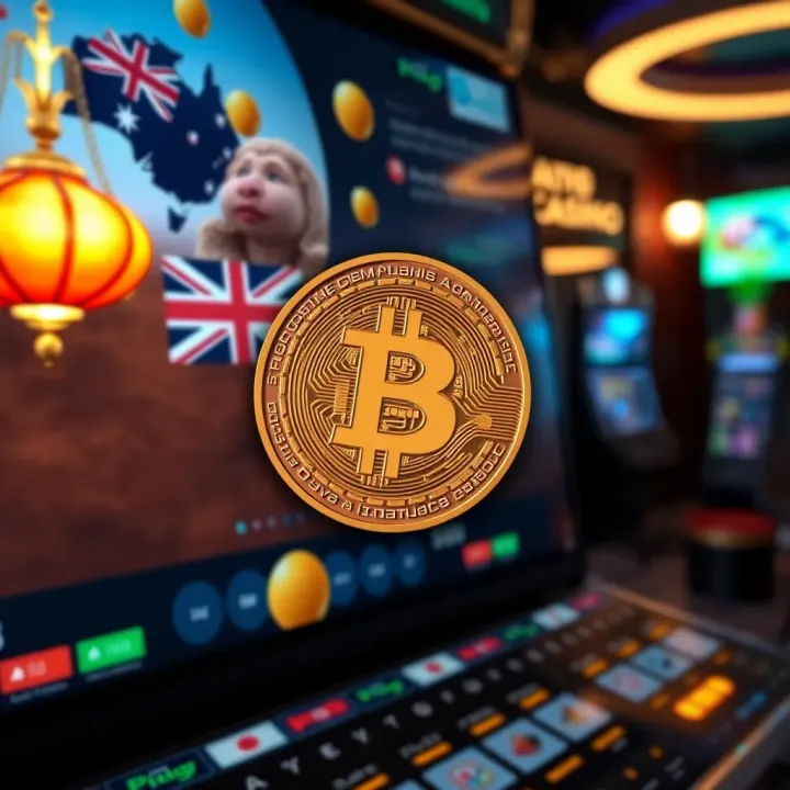 Bitcoin symbol overlaying a digital casino interface with Australian elements