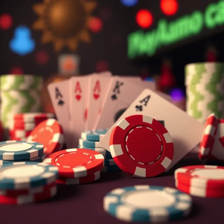 Colorful casino chips and playing cards highlighting bonus offers at PlayAmo Casino