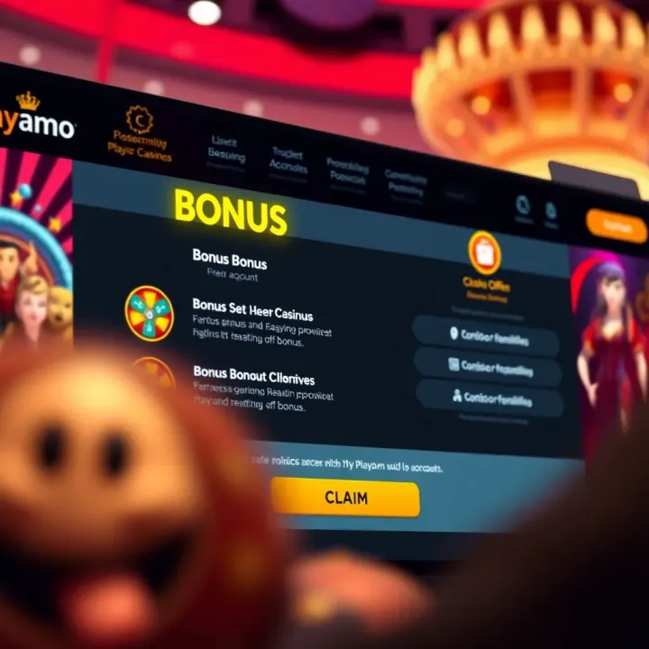 Interface showing bonus offers, claim button, and account notifications on PlayAmo Casino platform