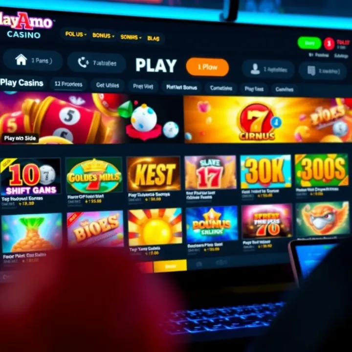 PlayAmo Casino Bonus Display A vibrant online casino interface showcasing various slot games and bonus offers