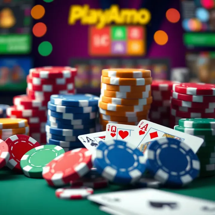 Variety of Bonus Offers at PlayAmo Casino Colorful casino chips and playing cards representing diverse bonus options at PlayAmo Casino