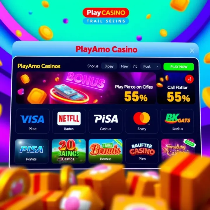 Bonuses and Payment Options at PlayAmo Casino Digital payment method icons displayed alongside casino bonus offers on a vibrant background