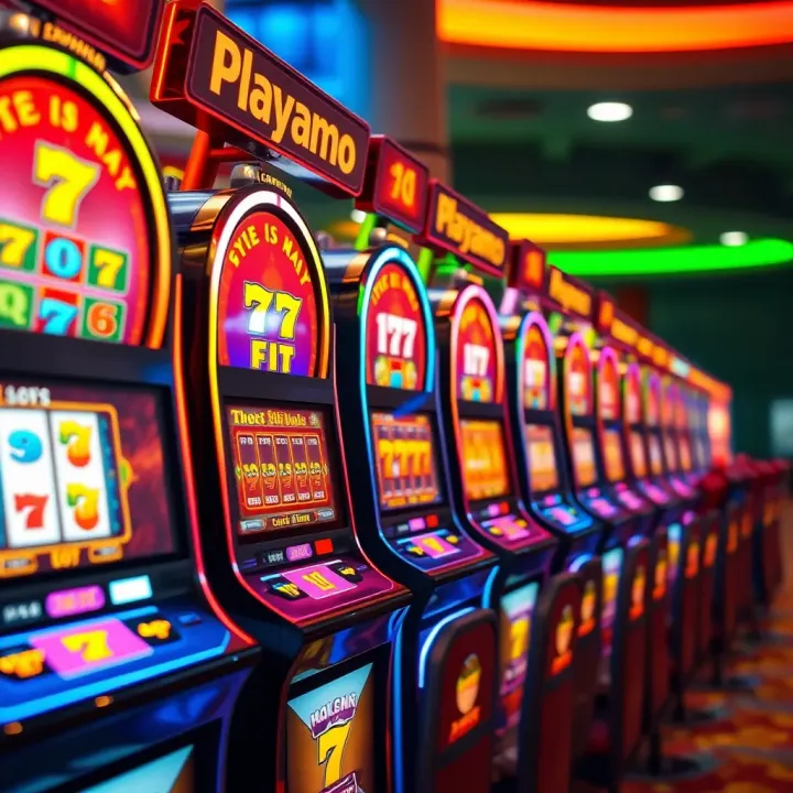 Playamo Casino Slot Machines with Bright Reels Vibrant casino slot machines with colorful reels and bright lights