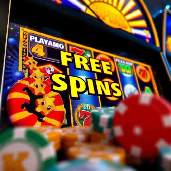 Illustration showing various free spins icons and casino chips around a slot machine interface