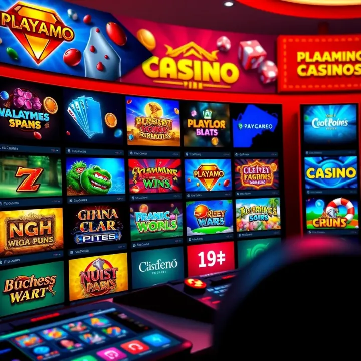 A vibrant online casino interface showing a variety of slot games and navigation menus