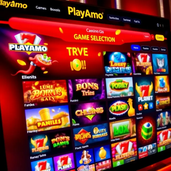 PlayAmo Casino Game Selection Interface Colorful online casino interface showing diverse slot games and game categories