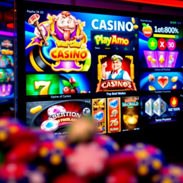 Colorful online casino game interface with various slot and table games visible