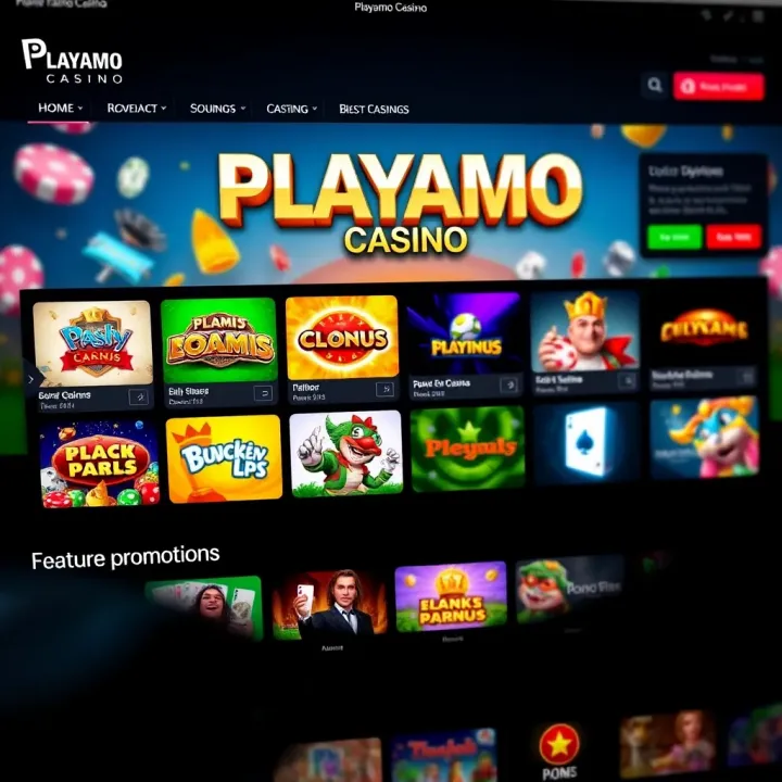Playamo Casino Homepage Overview with Game Selection and Promotions Playamo Casino homepage showcasing a vibrant interface with various game categories and featured promotions