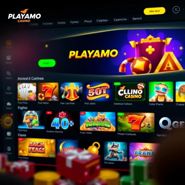 Playamo Casino homepage showcasing vibrant slot games and navigation menu