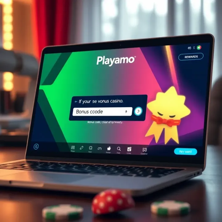 Playamo Casino Interface Featuring Bonus Code Redemption and Rewards Illustration of a laptop screen displaying Playamo casino interface with bonus code input field and reward notification