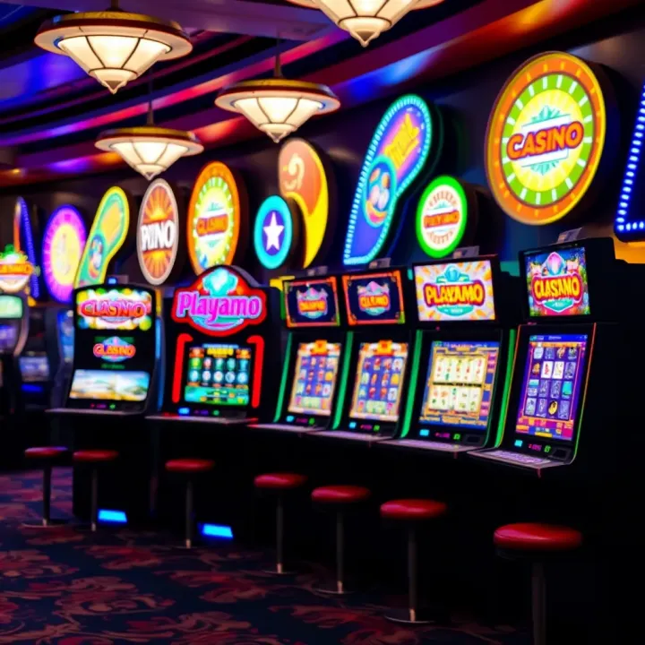 Colorful array of casino slot machines with vibrant lights and digital displays