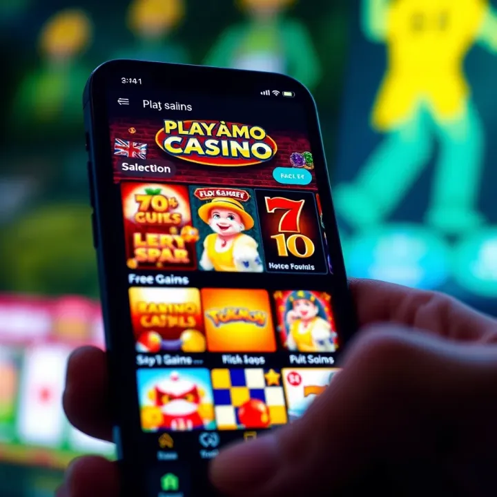 PlayAmo Casino mobile app interface showcasing a vibrant selection of slot games on a smartphone screen
