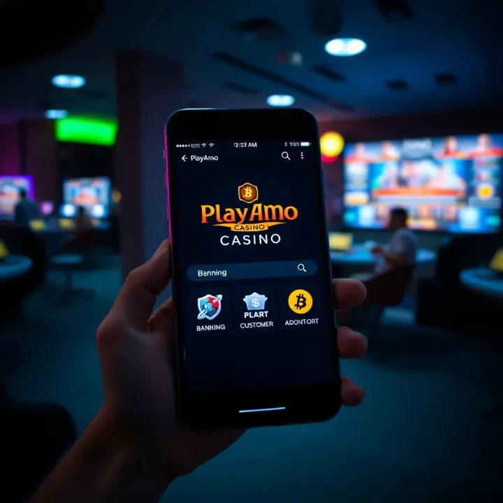 Mobile phone displaying PlayAmo casino platform with secure banking and customer support icons
