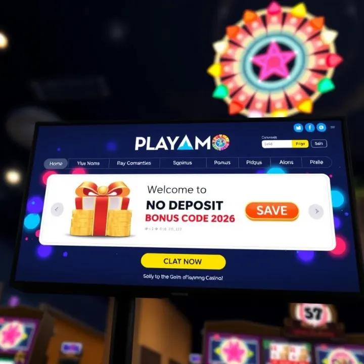Screenshot of the PlayAmo Casino welcome screen showcasing a no deposit bonus offer
