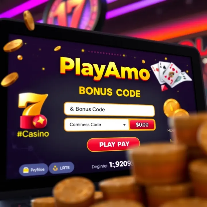 PlayAmo Casino Bonus Code Entry Screen Illustration of online casino interface displaying bonus code entry and no deposit bonus rewards