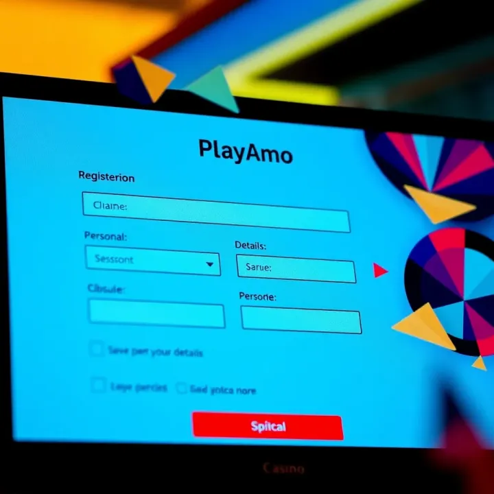 User interface showing PlayAmo Casino registration form with fields for personal details