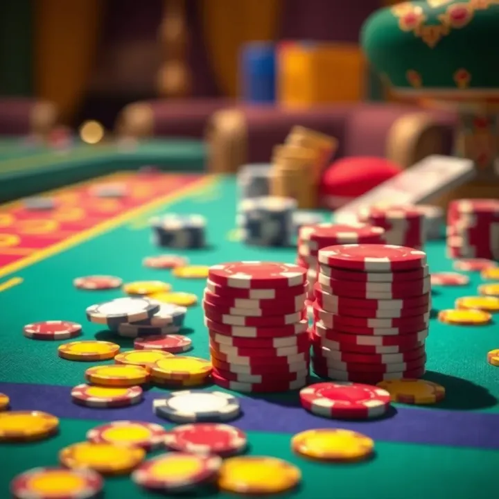 Bright casino tokens and chips scattered on a colorful gaming table representing rewards
