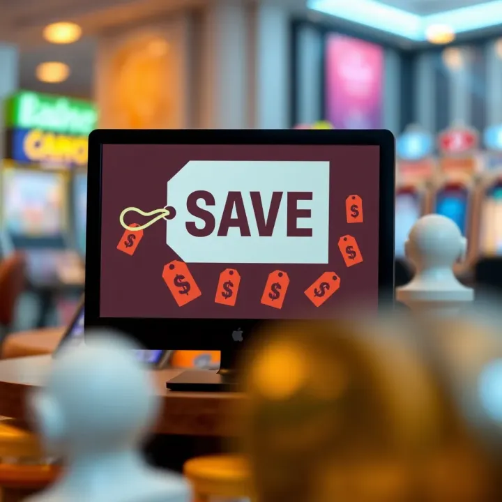 Illustration of How to Save Money Using PlayAmo Casino Coupons Graphic of a computer screen with discount tags and dollar signs illustrating saving money on bets