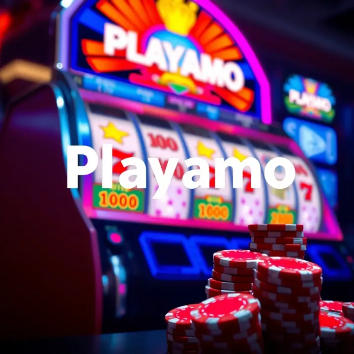 Colorful slot machine with spinning reels and casino chips