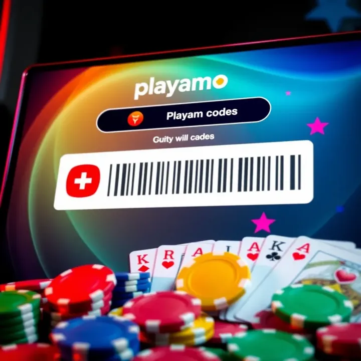 Colorful casino tokens and playing cards with a digital bonus code on a screen