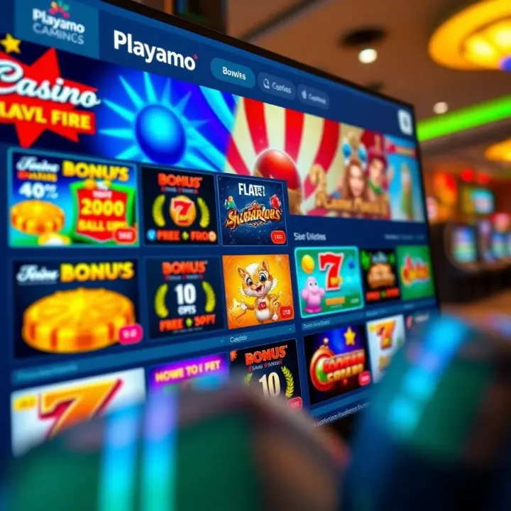 Overview of Playamo Free Bonus Codes and Offers Colorful digital casino bonuses displayed on a screen with vibrant graphics and icons