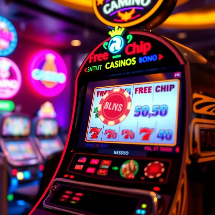 Illustration of a digital slot machine displaying a bonus chip on its screen with vibrant casino lights in the background