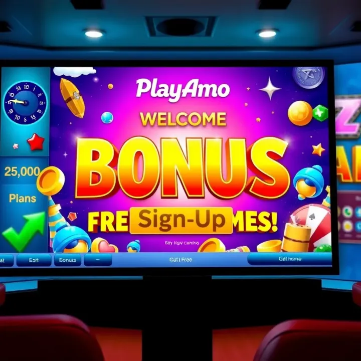 Illustration of a casino welcome bonus screen with vibrant colors and playful graphics