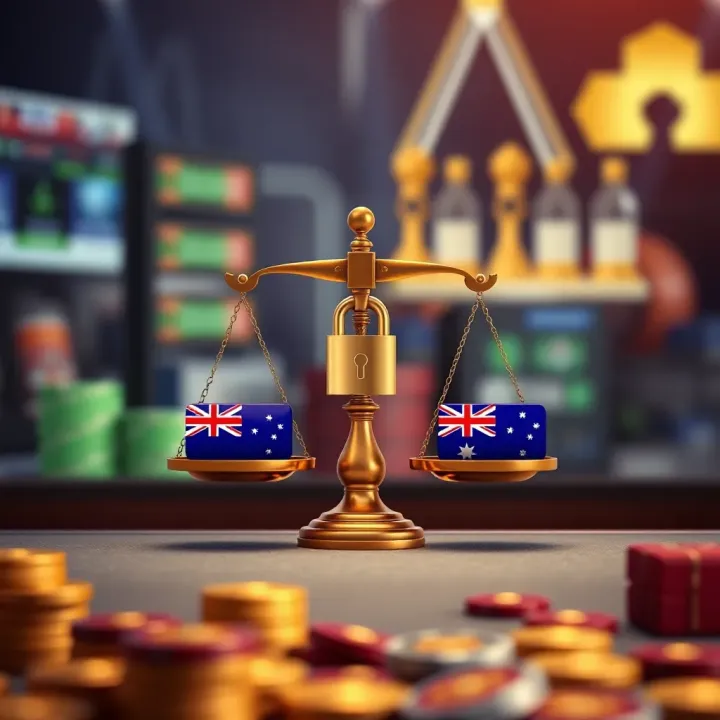 Diagram showing trust and fairness in online gaming with secure locks, balanced scales, and Australian flag elements