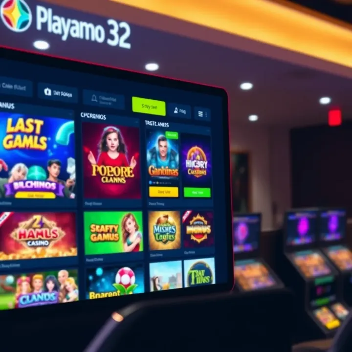 Variety of casino games displayed on a digital screen with bright graphics