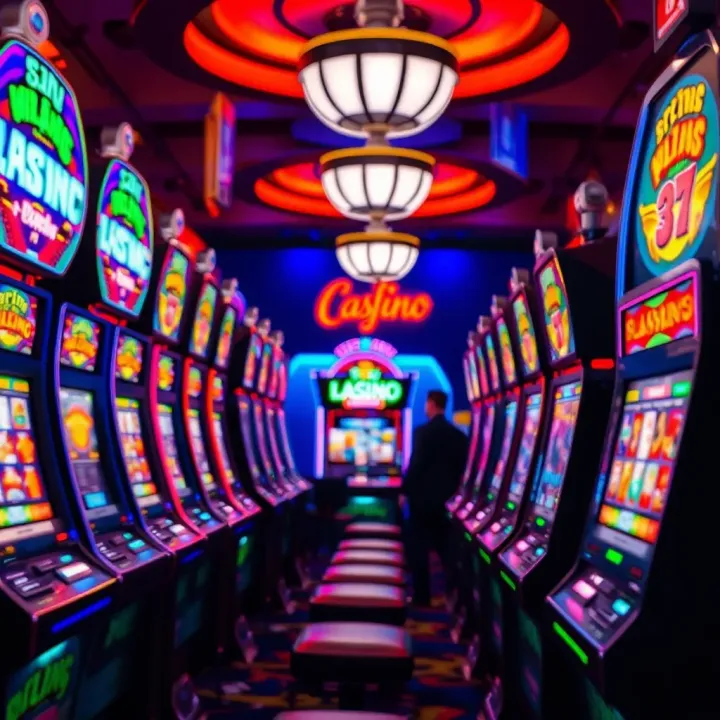 Colorful casino slot machines with vibrant lighting and symbols