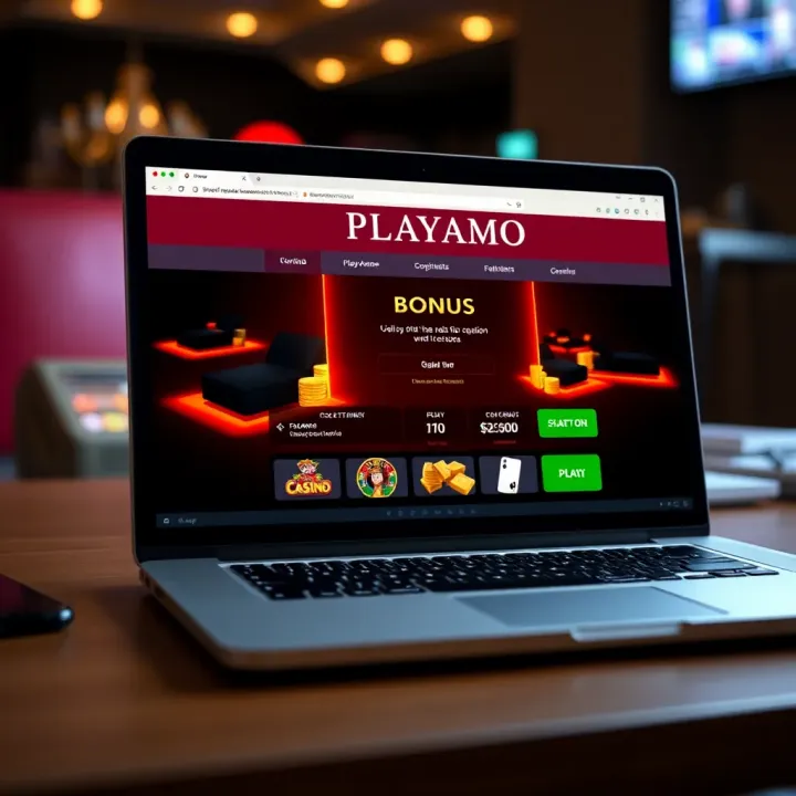 Graphic depicting a laptop screen with PlayAmo casino bonus redemption interface