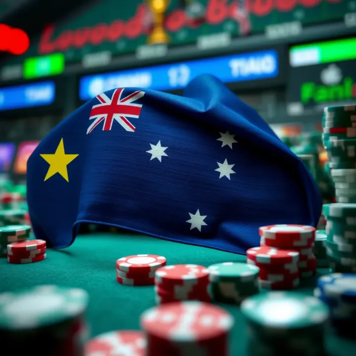Illustration of an Australian flag with gambling symbols representing online casino legality