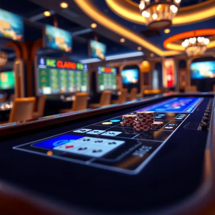 Live casino table with digital interface showing cards and chips overlay