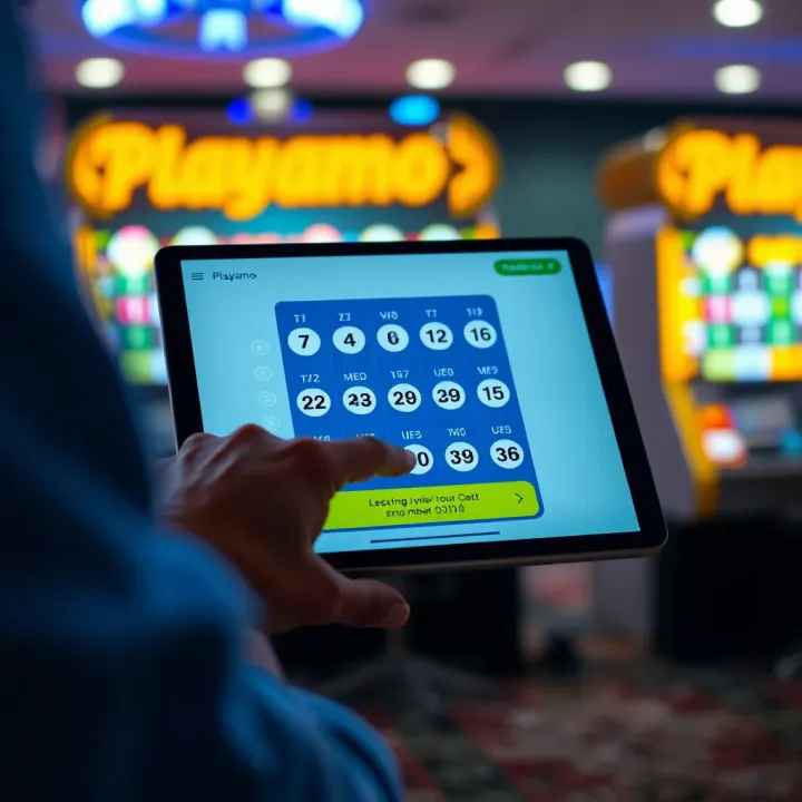 Illustration of a person selecting lottery numbers on a digital device with a Playamo interface