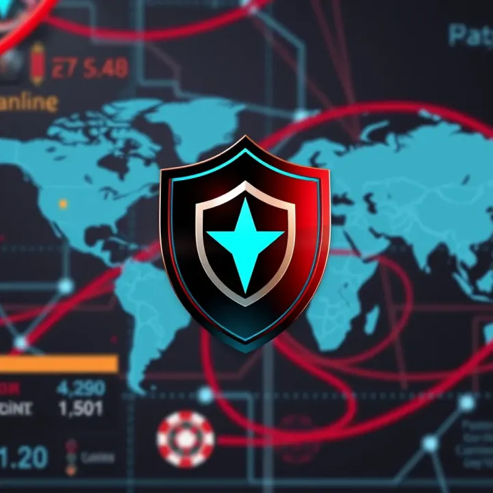 Shield icon symbolizing online safety with a background of network connections and internet restrictions map