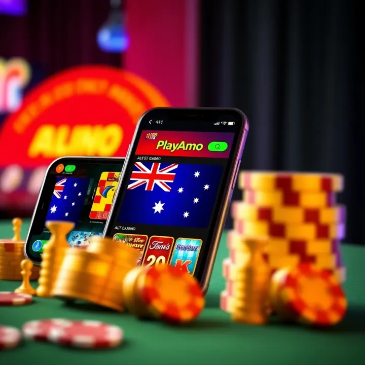 Mobile phone displaying a vibrant online casino game interface with Australian flag elements