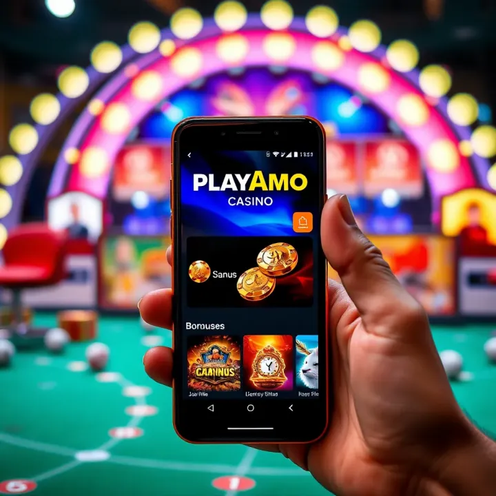 Overview of PlayAmo Mobile Casino Bonuses Mobile phone displaying PlayAmo casino bonuses and offers on screen