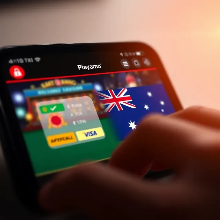 Mobile phone showcasing smooth casino gameplay with secure payment icons and Australian flag