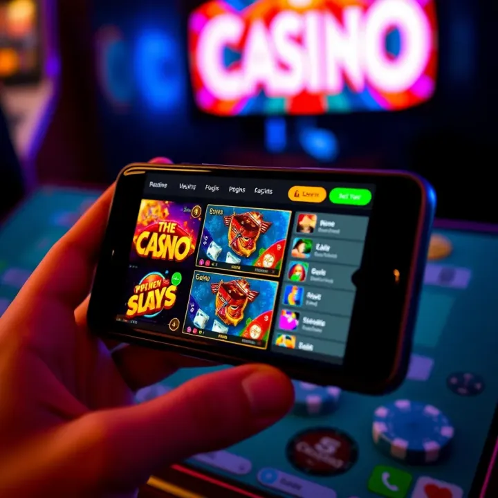 PlayAmo Mobile Casino Game Interface on Smartphone Smartphone displaying a vibrant online casino game interface with colorful graphics and betting options