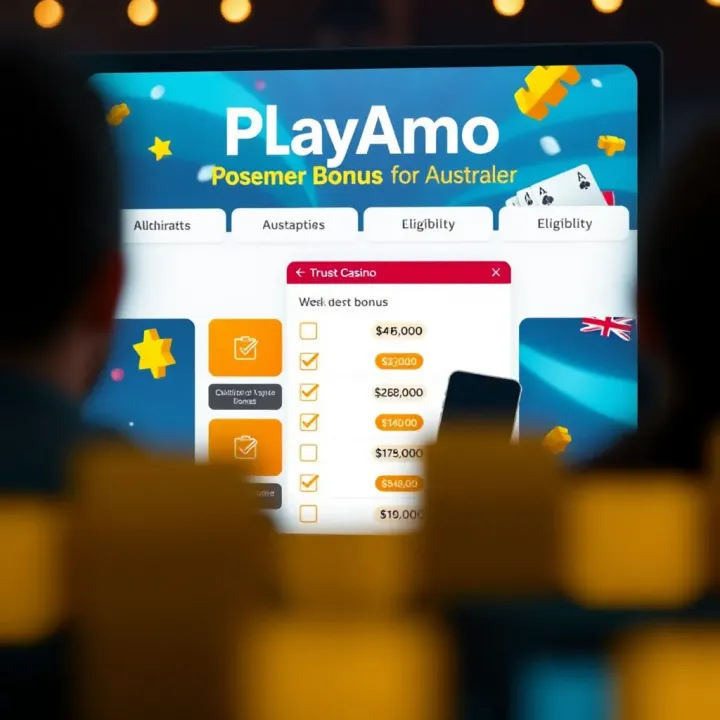 Concept graphic of Australian players accessing PlayAmo casino bonus with eligibility checklist and gaming elements