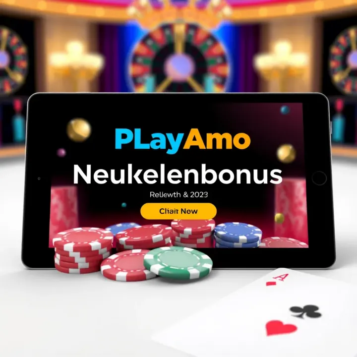 Illustration showing PlayAmo casino welcome bonus offer on a digital device with casino chips and playing cards